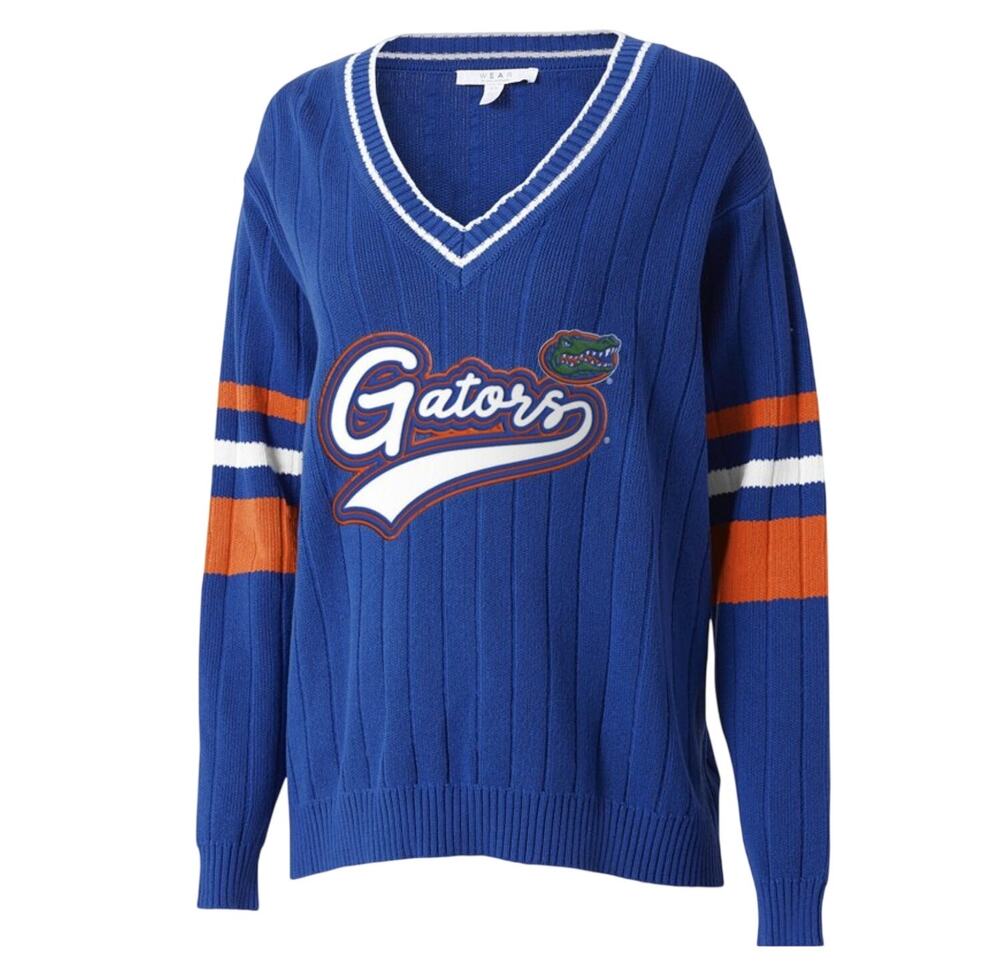 WEAR BY ERIN ANDREWS Florida Gators V Neck Sweater Large Blue Long Sleeve NWT